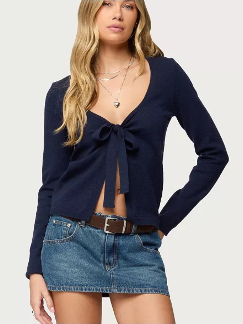 Edikted Navy Tie-Front V-Neck Sweater